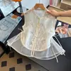 Colete de Seda Retro Estilo Chinês Novo Redutor de Idade com Contas para Mulheres de Meia-Idade, Top Fino em Malha para o Verão, Qualidade Garantida