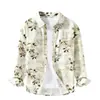 Camisa de Lyocell de Primavera Verde Fresco Estampado Sencillo de Hojas Manga Larga Moderna Casual Holgada para Hombres Jóvenes