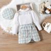Traje de Fan de Moda para Niños y Niñas Otoño e Invierno Camisa de Malla con Mangas de Burbuja Falda de Cuadros Irregulares Sombrero Conjunto de Tres Piezas