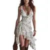Marca Independente 2026 Moda Casual Europeia e Americana da Amazon Vestido Feminino com Estampa Floral de Alça e Decote V com Babados