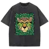 Camiseta de algodão puro pesada lavada, 220g, corte solto, manga curta, com estampa de leopardo e estilo americano vintage, para homens e mulheres