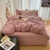 Novo Conjunto de Quatro Peças em Algodão Lavado Liso Ultra Macio, Conjunto de Três Peças Ultra Macio para Cama de Dormitório Estudantil, Capa de Edredom de Peça Única, Estilo Lençol com Elástico