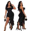 CY901043 Vestido tubo top de color sólido de comercio exterior europeo y americano, vestido sexy con flecos irregulares y abertura alta para mujer