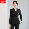 Conjunto de Terno Feminino Elegante de Outono/Inverno 2026, Slim Fit, de Botão Duplo, Blazer Preto Feminino e Calça