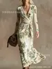 Vestido Transfronteiriço Novo Estilo com Decote em V e Mangas Longas com Elementos de Impressão Digital 3D, Saia Fashion e Personalizada para Marcar a Cintura para Mulheres