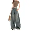 Jeans Feminino Retrô Transatlântico com Rasgos, Lâmina Curva, Primavera Verão, Solto, Caimento Fluido, Perna Larga, Calça Banana, Estilo Europeu Americano, Fino