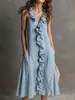 Vestido de Algodón y Lino sin Mangas de Color Sólido con Cuello en V y Dobladillo Ancho con Volantes para Mujer - Nuevo Primavera/Verano 2026 Amazon Europa Transfronterizo