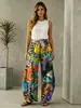 2026 Pantalones Deportivos Casuales Transfronterizos de Amazon Estampado de Plantas Europeo y Americano Cintura Ajustable Holgada Pantalones Largos de Pierna Ancha