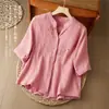 2026 Nova Blusa de Gaze Dupla de Algodão e Linho com Bordado, Estilo Retro Chinês, Decote V, Modelagem Solta, Blusa para Mãe, Top Estilo Nacional