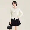 2613901-24-agulha Suéter de malha canelada firmemente tecida em Tencel Lenzing com lantejoulas de miçangas, gola redonda, top cardigã estilo Chanel