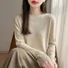 Suéter clássico de malha fina para outono inicial, ready-to-wear de primeira linha, gola redonda, para mulheres, corte solto, camada base, blusa fina de manga longa