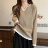 Suéter de Tricô com Blocos de Cor e Gola V de Manga Longa para Mulheres, Roupas Femininas Plus Size para Primavera e Outono, Caimento Solto, Emagrecedor, Top que Cobre a Barriga, Camisa de Base