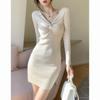 Vestido de punto con cuello en V sexy para mujer, vestido tipo jersey ajustado de principios de otoño con falda de fondo y abrigo, 2023