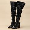 Botas Longas Outono e Inverno Nova Moda Pregueadas Salto Grosso Cano Alto Botas Femininas Botas Arredondadas Exportação Tamanho Grande Botas Acima do Joelho Botas Longas
