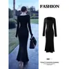 Vestido longo preto de manga comprida estilo sereia para mulheres, outono, acinturado, para corpo tipo pera, vestido longo bodycon Berkeley