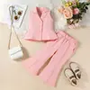 Conjunto de Dos Piezas de Moda Nueva Transfronteriza Europea y Americana para Niñas: Top tipo Blazer sin Mangas con Solapa y Bolsillo Abierto, Pantalones Acampanados