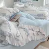 Juego de ropa de cama de cuatro piezas estilo princesa, de gasa de doble capa, ultrasuave, grado A, con ribete de encaje, adecuado para dormitorios; también disponible como juego de tres piezas que incluye sábana bajera, funda de edredón y sábana encimera