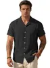 Moda Masculina de Verão Transfronteiriça Cor Sólida Gola Lapela Manga Curta Versátil Algodão Linho Camisa Design Chique Estilo Fashionável Camisa