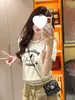 Camiseta de Manga Corta Jacquard de Punto Coreana de Verano Fina y Fresca Color Albaricoque con Estampado de Perros para Mujer 2026 Top Corto Ajustado