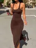 Vestido de Verano Sexy de Corte Ajustado, Moda Femenina Europea y Americana Transfronteriza, Vestido de Tirantes Adelgazante con Cuello en U de Color Sólido, Espalda Descubierta y Abertura