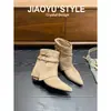 Lan Gui~ Piel genuina, aumento de altura interna de 5 cm, bota corta versátil de punta fina para mujer, con caña desmontable de estilo vintage Maillard, para adelgazar.
