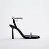 Sandalias de Tacón Alto con Pedrería de Gran Tamaño para Mujer Verano Comercio Transfronterizo Punta Cuadrada Punta Abierta Sandalias de una Correa de Temperamento Europeas y Americanas para Mujer