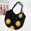 Bolsa de Crochê de Algodão Vazada com Rosto Sorridente Verão Grande Capacidade Bolsa Tote Feminina Transfronteiriça Feriado Rede de Mão/Ombro