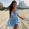 Vestido de verano para mujer, sexy, sin espalda, con lazo, estilo europeo y americano, con tirantes anchos, estilo swing, con volantes, color puro, venta al por mayor