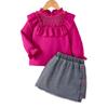 Conjunto de Dos Piezas de Otoño para Niños: Conjunto de Top de Malla para Niña con Cuello Alto, Volantes y Mangas Largas, con Falda de Mezclilla Botonada y Flecos