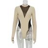 Comercio Exterior Mujer Otoño Nuevo Cuello Redondo Manga Larga Costura de Malla Entallada Elegante Top Ajustado Cintura Alta Todo en Uno