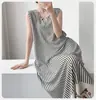 Camisón de verano fino sin mangas para mujer, de algodón y seda, con bolsillos, se puede usar para salir, vestido falso a rayas