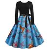 [Ropa navideña para mujer] Z1137 Falda grande con estampado de contraste de color y cuello redondo de manga larga retro Hepburn para otoño e invierno