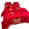 Conjunto de quatro peças para casamento, 100% algodão, vermelho vivo, para camas de noivos, incluindo lençóis e fronhas de edredom, alta qualidade, algodão puro, perfeito para o quarto de recém-casados