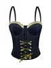 Moda Corset de Renda com Cadarço e Detalhe Espinha de Peixe em Jeans, Camisola de Renda Versátil, Top Slim-Fit Valorizador sem Costas com Bojos para Roupa Externa