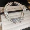 Colar de pérolas super flash com camada dupla, colar de pérolas com laço de diamante flash, design feminino, estilo perfumado