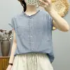 Camisa sem mangas de gaze de algodão dupla camada com gola de babados e estampa xadrez para mulheres, estilo artístico vintage de verão, top 100% algodão macio e amigo da pele