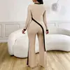 Moda Feminina Europeia e Americana Transfronteiriça Nova Coleção Primavera/Verão 2025 Conjunto de Camiseta de Manga Longa com Cor Contrastante e Fenda Lateral + Calça Spliced