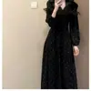 Estilo de Trajeto Transfronteiriço Decote V Manga Bufante Poá Cintura Longa Ajuste Afinando Outono e Inverno Nova Roupa Íntima Saia Evasê Saia Longa Feminina