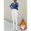 Jeans Ajustados Blancos de Invierno Gruesos con Forro de Polar de Cintura Alta para Mujer Pantalones Acampanados Elásticos Cálidos Adelgazantes para Mujer