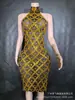 Vestido de Festa Cocktail Sexy de Malha Transparente Xadrez de Gola Alta Sem Mangas com Strass Brilhante Estilo Europeu e Americano