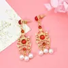 Pendientes de perla de cristal rojo estilo retro exótico para mujer, pendientes de estilo antiguo, pendientes Hanfu cheongsam, pendientes de accesorios estilo chino