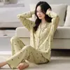 Conjunto de pijama de algodón de manga larga y pantalón largo para mujer, con cuello camisero y estilo cárdigan, talla grande, adecuado para primavera y otoño, conjunto de ropa de casa dulce y lindo