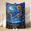 Manta de franela floral con diseño de niña girasol y cielo estrellado transfronteriza, manta tipo plaid estilo cielo estrellado de Van Gogh, manta para siesta