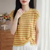 Camiseta de Manga Curta com Design Irregular para Mulheres, Novo Estilo Verão 2026, Bloqueio de Cores Listrado, Cobre a Barriga, Manga Flare, Blusa Rejuvenescedora