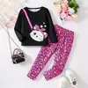 Conjunto de Dos Piezas para Niños Estilo Europeo y Americano de Primavera y Otoño, Cuello Redondo, Estampado de Gato de Dibujos Animados Amigable con la Piel + Pantalones Largos con Estampado de Leopardo Suelto Amigables con la Piel