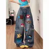 Jeans de Trabajo Bordados de Dibujos Animados Retro Americanos con Bolsillo para Mujer 2026 Verano Calle Alta Sueltos Casuales Pantalones de Pierna Ancha