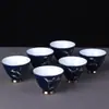 Tazas de Té de Cerámica Azul Pintadas en Oro, Juego de Té Kung Fu de 10 Piezas, Tazas de Maestro para el Hogar, Tazas de Degustación, Juego Individual de 6 Piezas