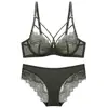 Conjunto de sujetador de encaje transparente ultrafino estilo europeo y americano para mujer, diseñado para hacer que los senos grandes parezcan más pequeños, con soporte antigravedad y elevación, conjunto de lencería sexy