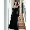 Vestido Largo Estilo Francés Ceñido a la Cintura Combinado con un Abrigo, Ropa para Mujer, Nuevo Vestido Negro de Manga Larga para Otoño e Invierno 2025