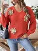 Otoño/Invierno 2026 Nuevo Estilo Europeo y Americano Suéter Pulóver de Retazos con Parche de Flor de Perlas Tridimensional Ropa de Punto para Mujer Transfronteriza